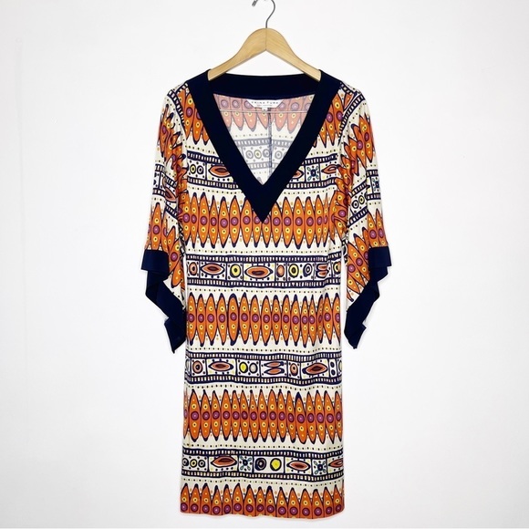 Trina Turk Boho Tribal Wide Sleeve 100% Silk Dress Size 8 - Picture 1 of 7